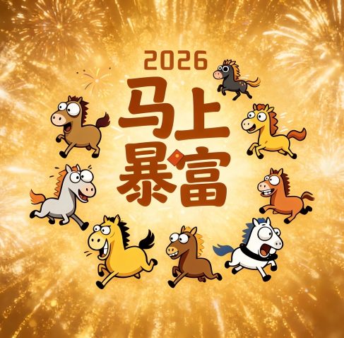 2026马上暴富 可爱马儿 烟花喜庆橙色背景 4K壁纸 电脑壁纸